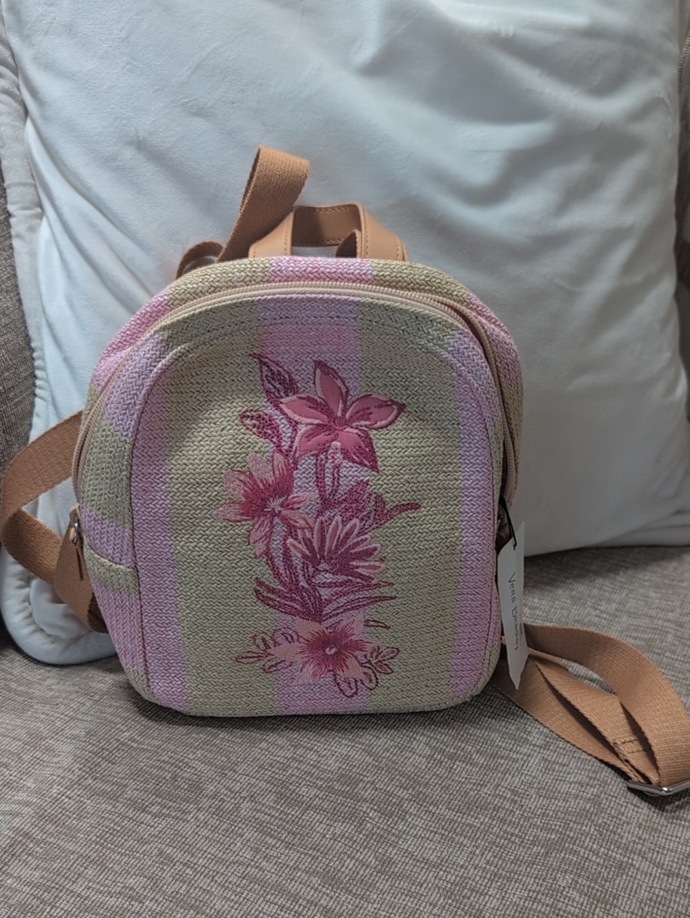 Vera Bradley Pink Floral Straw Mini Backpack with Tan Straps Brand New